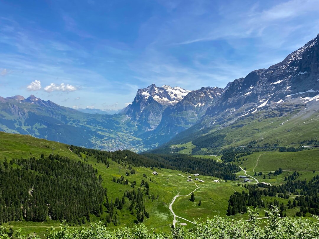Panoramic view of Swiss Alps with snow-capped peaks and green valleys