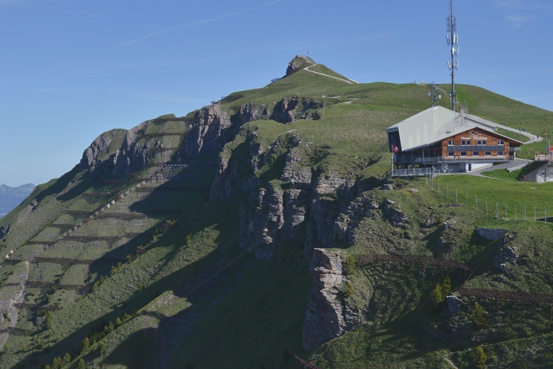 Elegant Swiss restaurant interior with mountain view